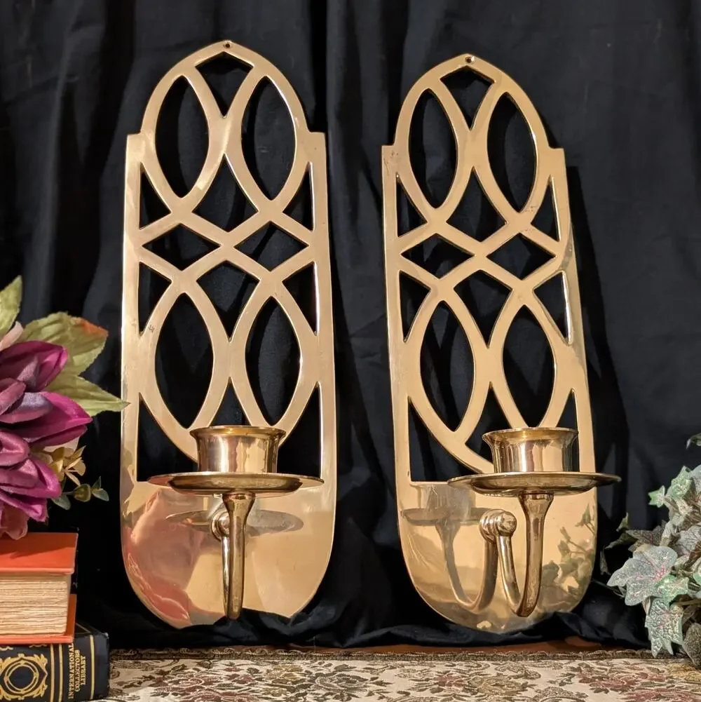 Vintage Solid Brass Wall Sconce Pair Art Deco Geometric Statement Candle Holders
